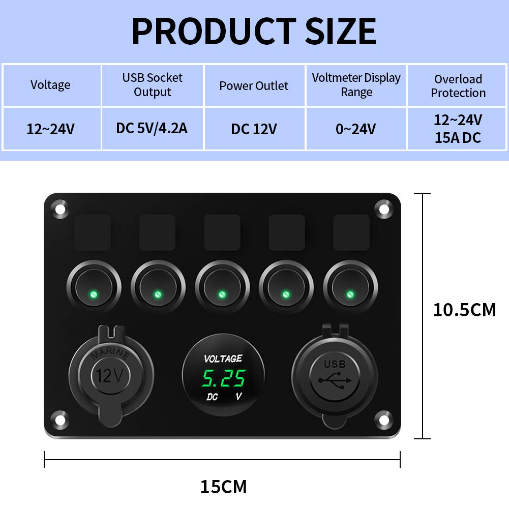 KAOLALI Schaltpanel 12V/24V Kippschalter 5 Gang IP65 Wasserdicht + 4.2A Dual USB Ladegerät + Zigaret