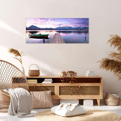 Wandbilder Dekoration Wohnzimmer See Berge Wasser Panorama Bilder auf Leinwand 120x50cm Leinwandbild