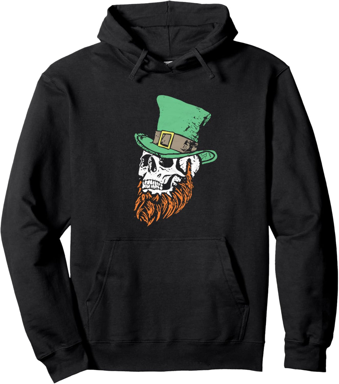 Saint Patricks Day Skull & Leprechaun Beard Vintage Sketch Pullover Hoodie