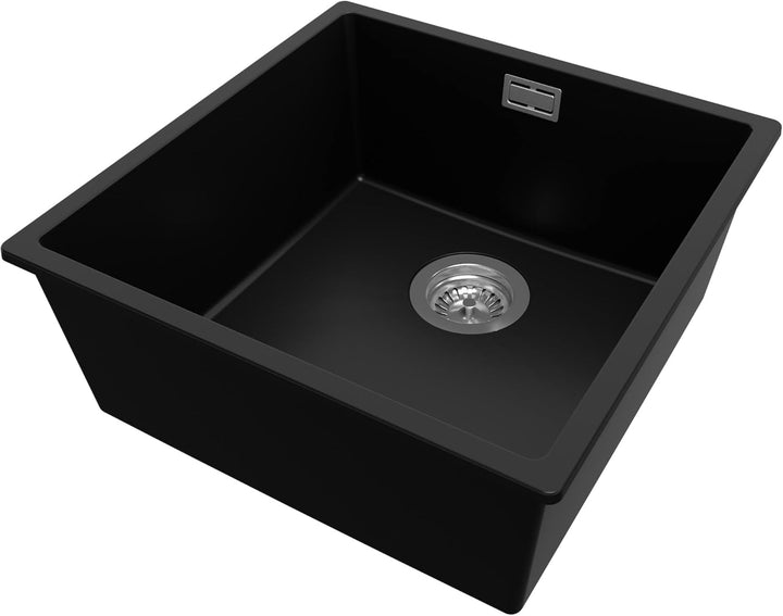 Spülbecken Schwarz 46 x 47 cm, Granitspüle 1 Becken + Ablauf-Set, Einbauspüle ab 50er Unterschrank,