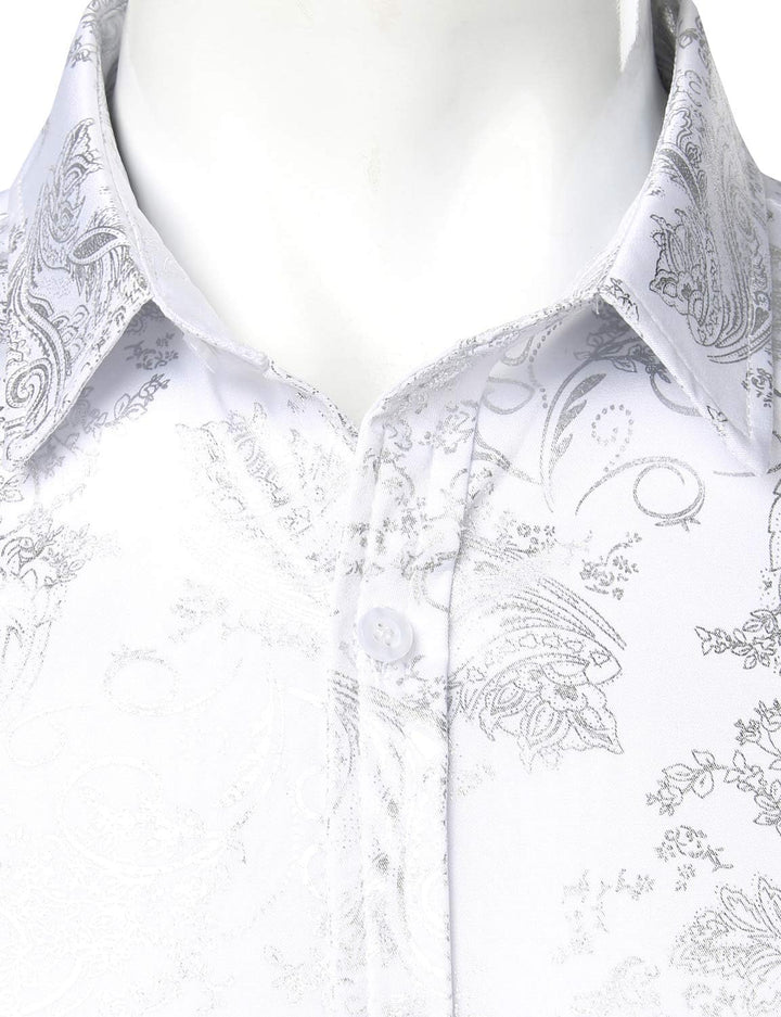 PARKLEES Herren Luxus Paisley Gemustert Golden Glänzend Slim Fit Freizeithemd S Weiss Silber, S Weis