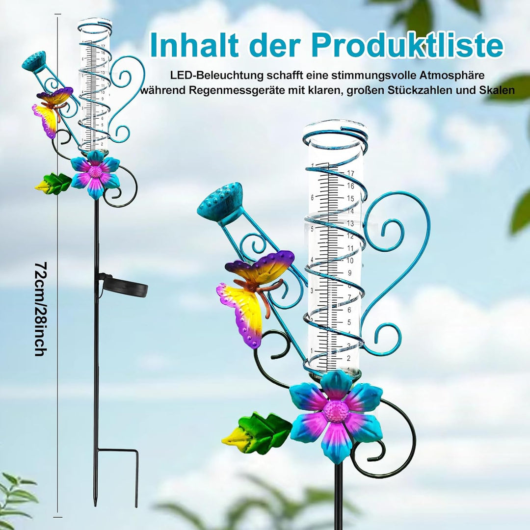 Solar Regenmesser für Garten mit Erdspiess und LED, Niederschlagsmesser Frostsicher Glas für Rasen,