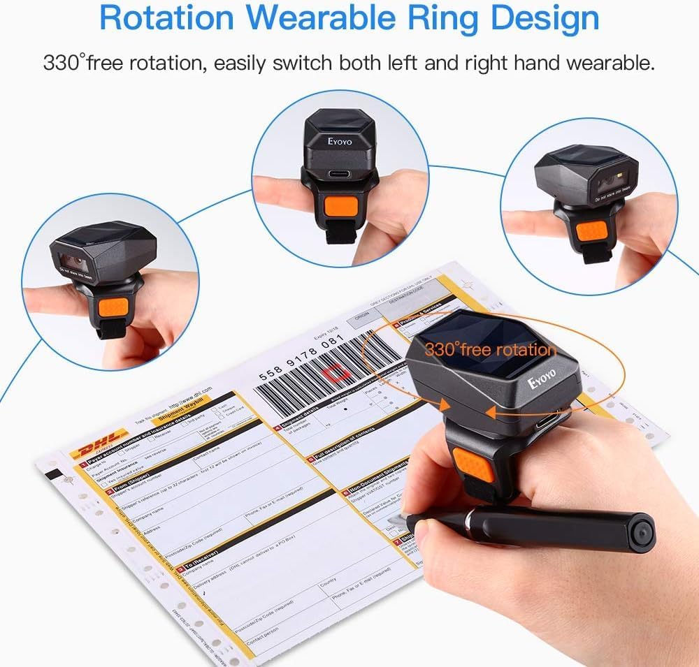 Eyoyo Wearable Finger Ring Barcode Scanner, 3-in-1 Mini USB Wired & 2.4G Wireless & Bluetooth Scanne