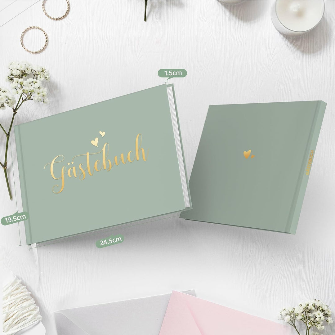 Hyggartn Grünes Hochzeitsgästebuch mit Stickern – Edles Hardcover Gästebuch mit Goldprägung, 100 Sei
