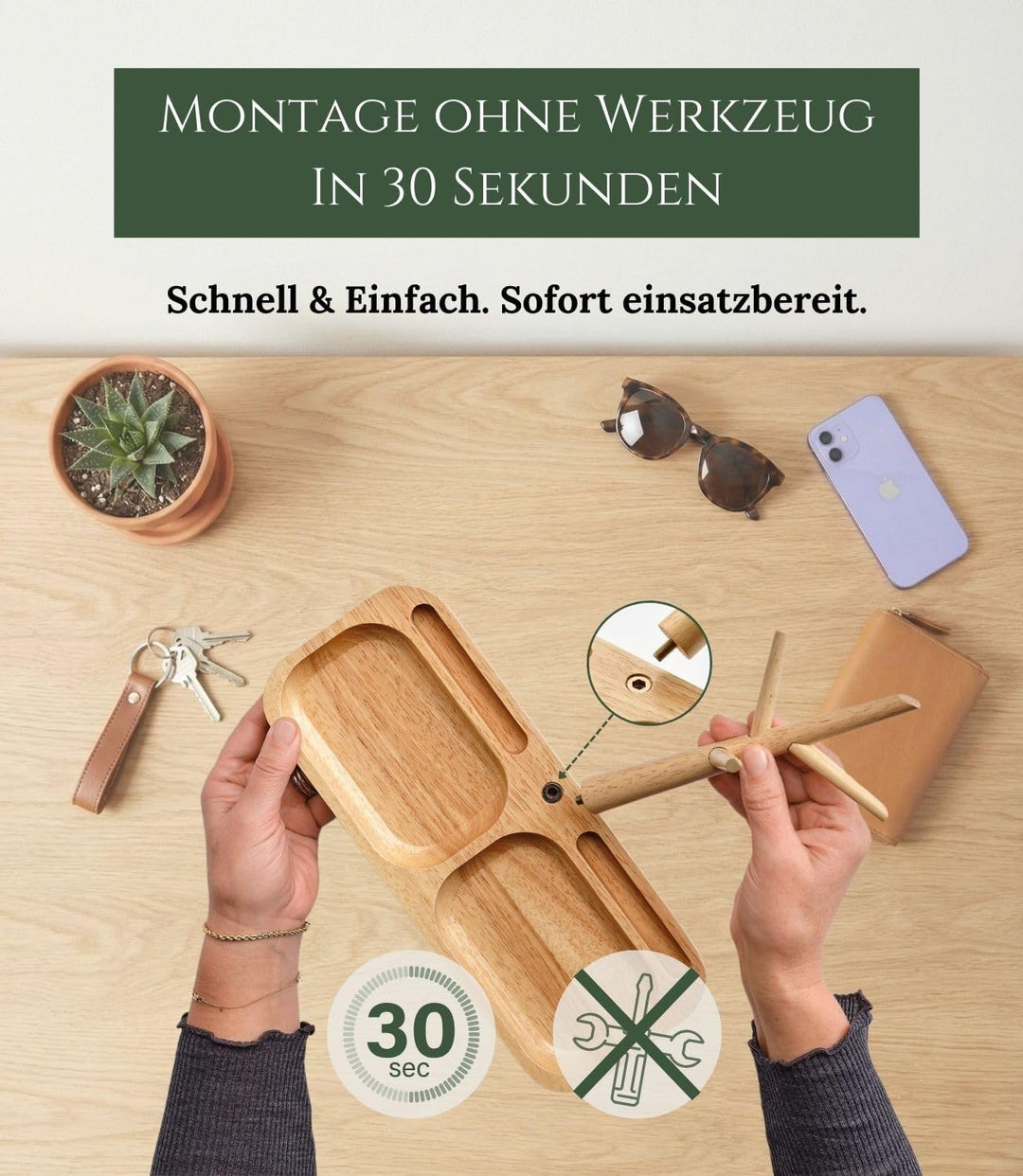Schlüsselschale und Taschenleerer Holz mit 2 Fächern für Münzen, Uhren... Schlüsselkorb - Handyhalte