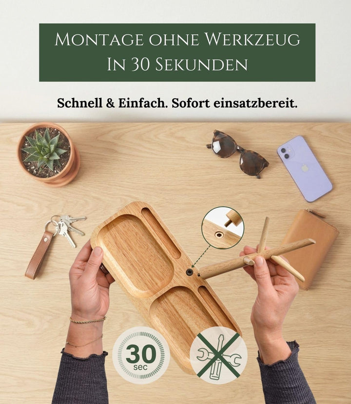 Schlüsselschale und Taschenleerer Holz mit 2 Fächern für Münzen, Uhren... Schlüsselkorb - Handyhalte
