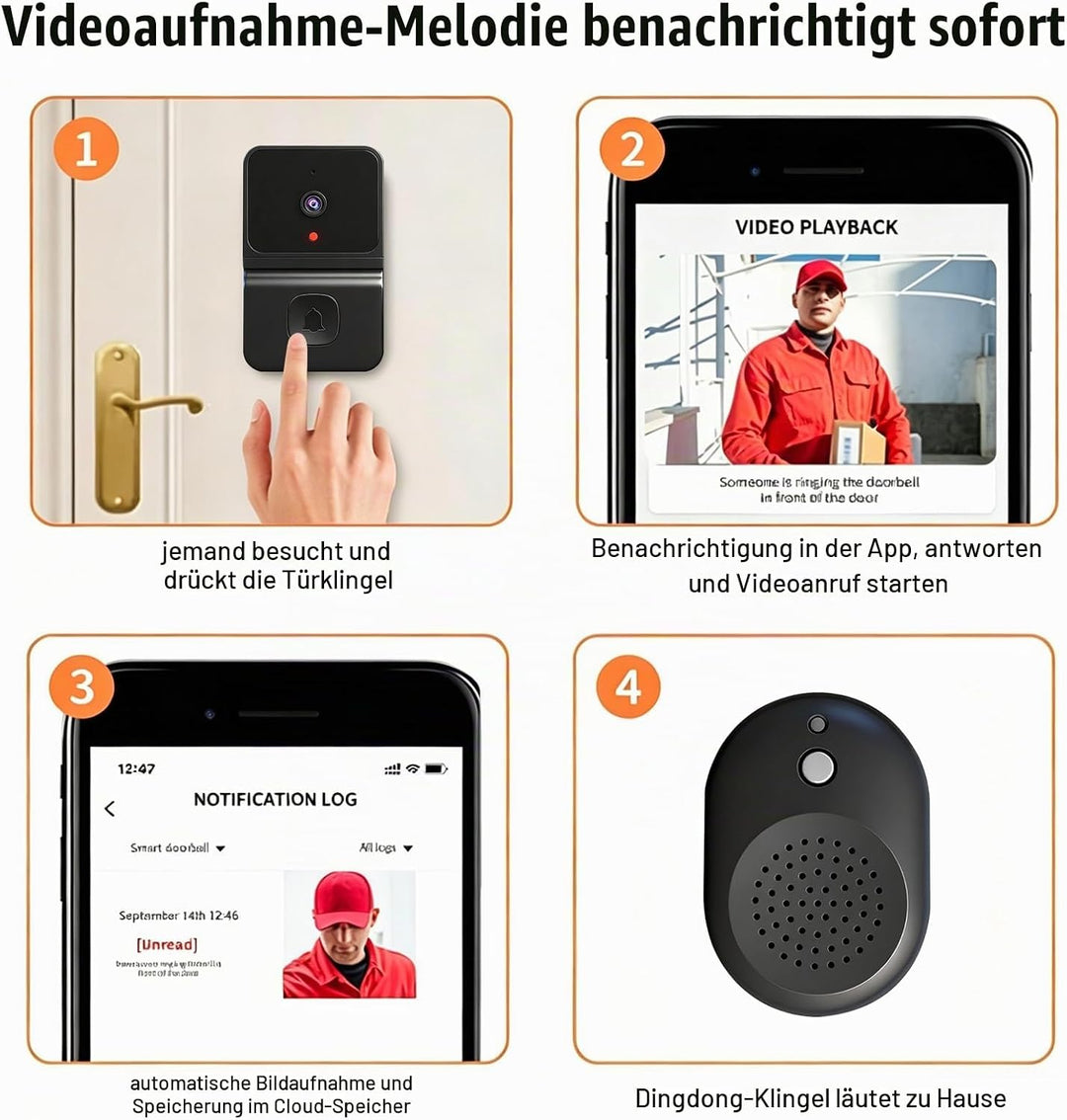 Video Türklingel mit Kamera,2.4GHz WLAN-Videotürklingel-Sicherheitskamera,Smarte Video Türklingel mi