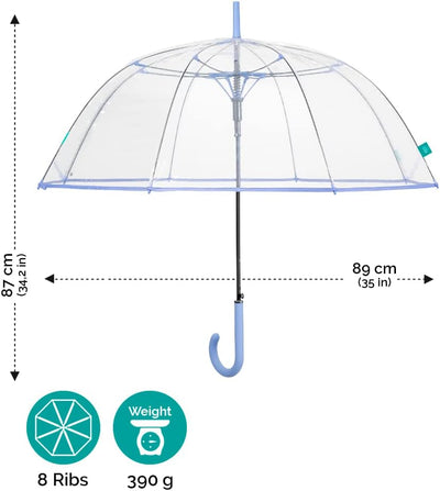 PERLETTI Blau Regenschirm Transparent für Damen Frauen - Durchsichtiger Schirm Kuppel Förmigen Windf