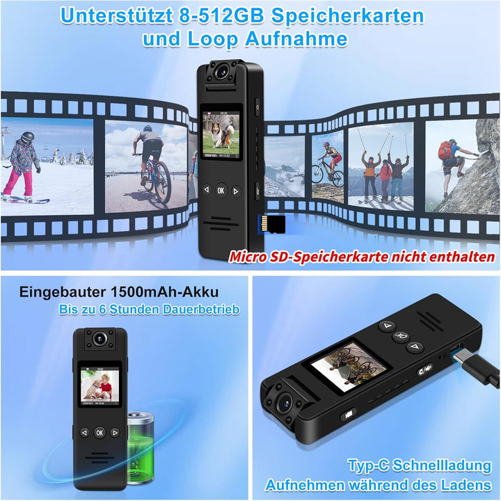 Bodycam 1080P Kleine Kamera ohne WLAN Action Cam mit Bewegungserkennung Nachtsicht, 180° drehbarem O