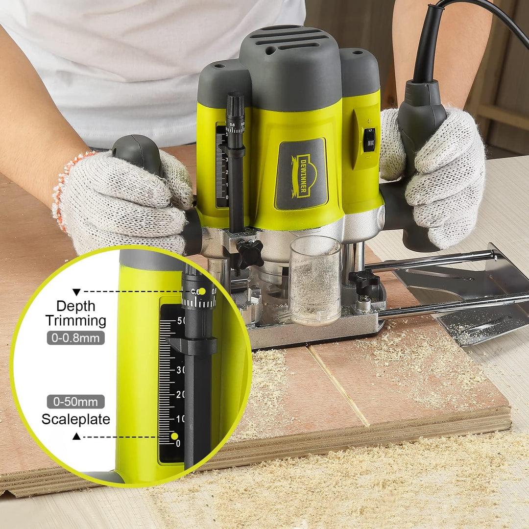 DEWINNER Elektronik Oberfräse Fräser 1200W,Ø 6 und 8 mm,Drehzahlregelung, Parallelanschlag, Absaugad