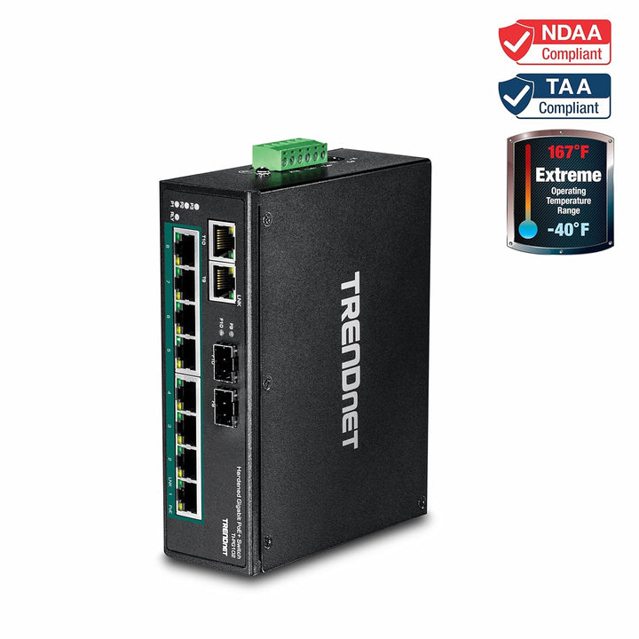 TRENDnet TI-PG102 10-Port Industrieller Gigabit PoE+ DIN-Schiene Switch, 240 W PoE-Gesamtleistung, 2