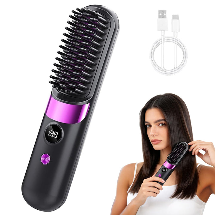 Glättbürste Kabellos, Stylingbürste für Kurze Haare, Haarbürste Elektrisch Damen, Haarglätter Bürste
