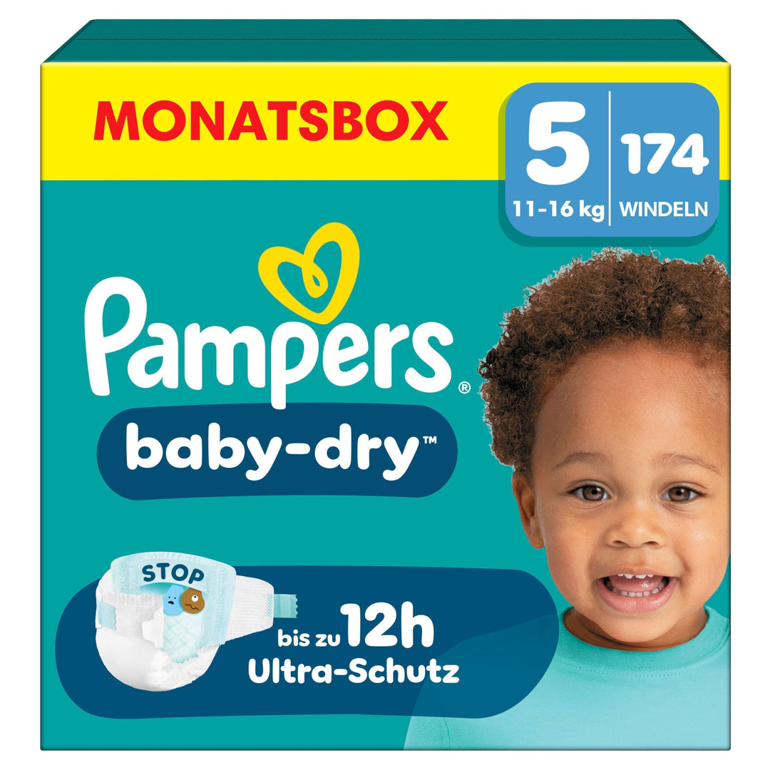 Pampers Windeln Grösse 5 (11-16kg) Baby-Dry, Junior, MONATSBOX, bis zu 12 Stunden Rundum-Auslaufschu