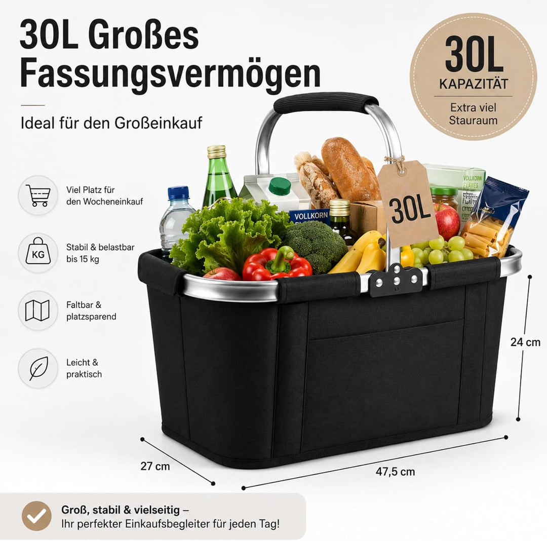Einkaufskorb Faltbar 30L XXL, Platzsparender Klappkorb mit Edelstahlrahmen & 300D Oxford, Ideal für