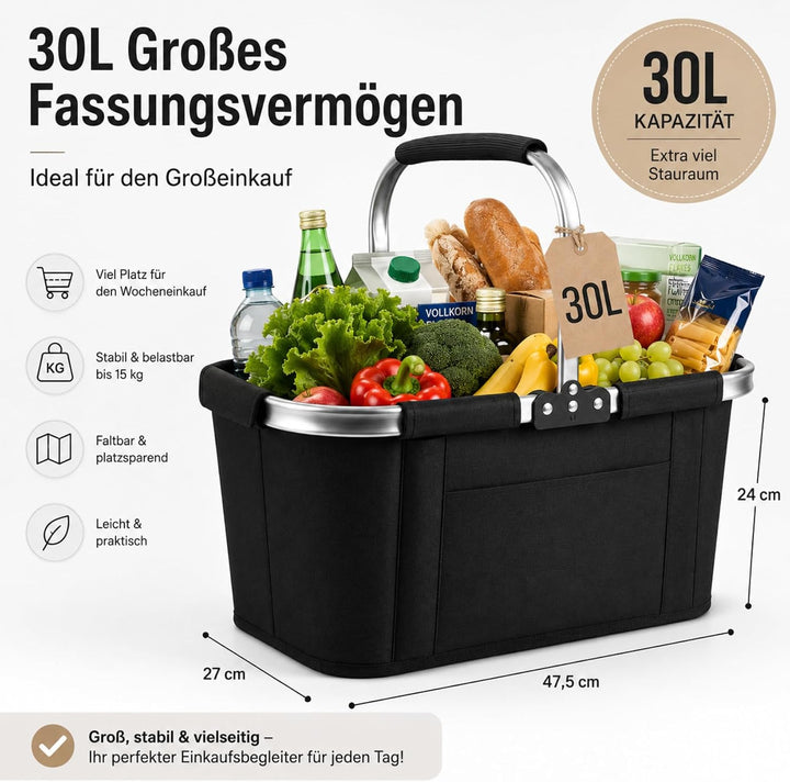 Einkaufskorb Faltbar 30L XXL, Platzsparender Klappkorb mit Edelstahlrahmen & 300D Oxford, Ideal für