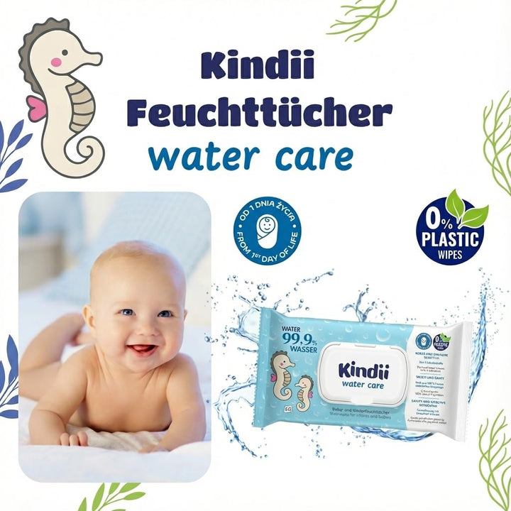 Baby Feuchttücher 99,9% Wasser - Kindii Water Care - 100% Viskose Wasserbasis Wipes 100% Biologisch