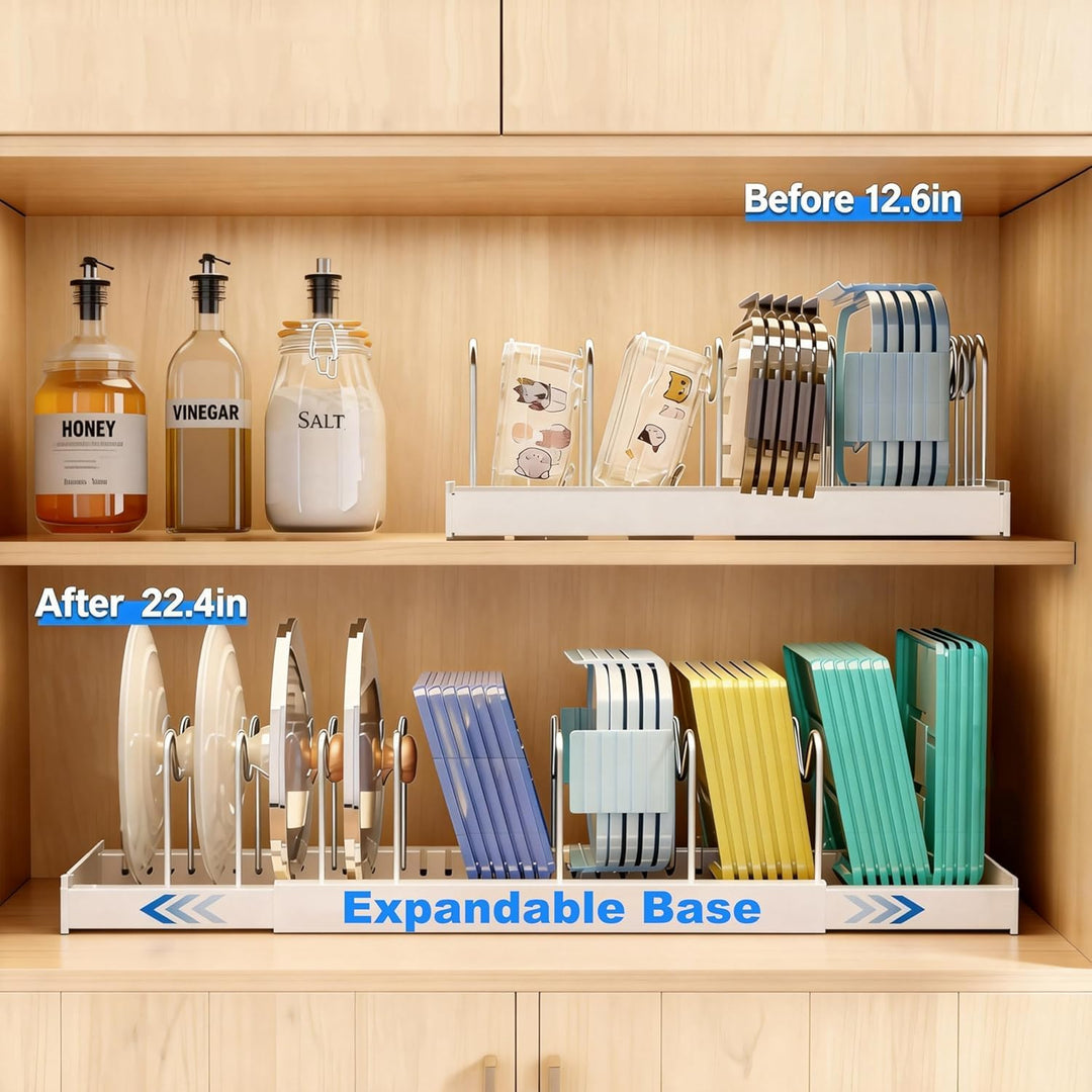 Expandable Pan Organizer for Cabinet, Pots lid and Pans Holder Rack with 7 Adjustable Dividers,Compa