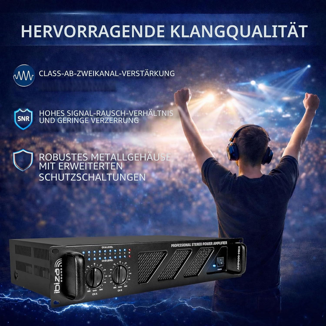 Ibiza - AMP600-MKII - Professioneller PA-Verstärker 2x480W mit RCA/Klinke Eingängen und Speakon/Born