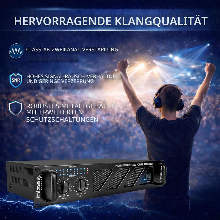 Ibiza - AMP600-MKII - Professioneller PA-Verstärker 2x480W mit RCA/Klinke Eingängen und Speakon/Born