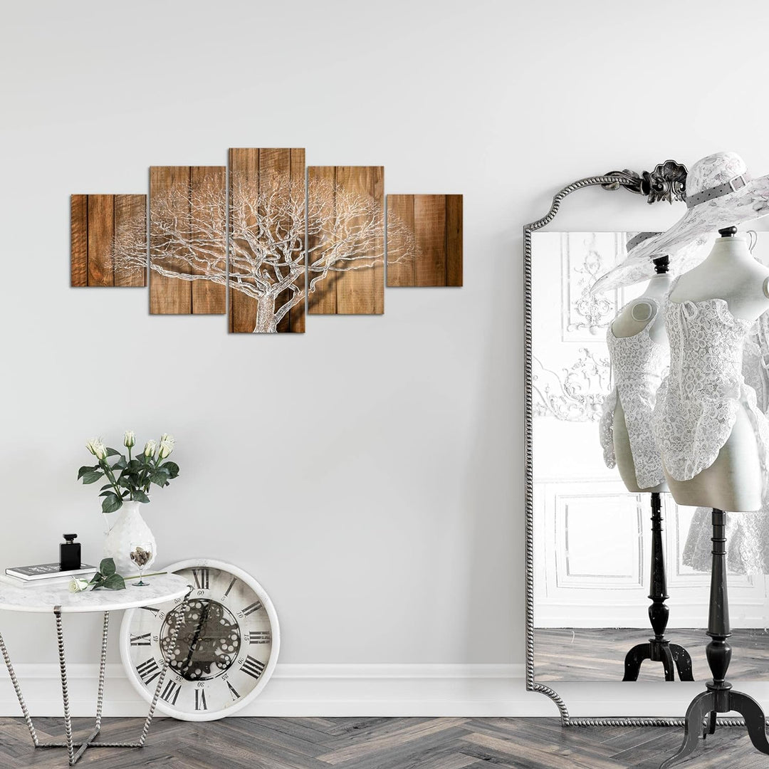 Runa Art Wandbilder Baum Abstrakt 5 Teilig Bild auf Vlies Leinwand Deko Wohnzimmer Holzmotiv Beige B