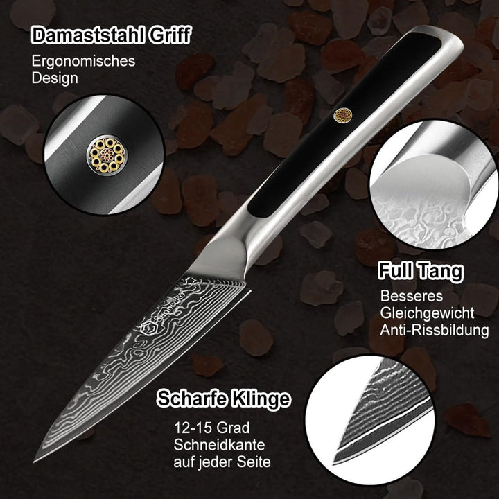 Sunnecko Obstmesser Gemüsemesser Spickmesser 3,5 Zoll, mit 67-Schichten Damaststahl VG-10 Klinge Kle