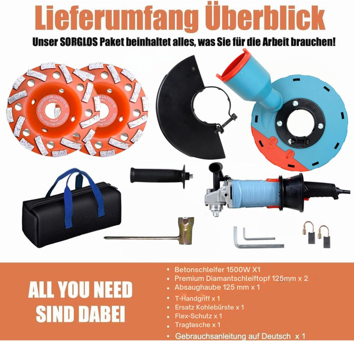 FANZWORK 1500W Betonschleifer Betonfräse Set, Drehzahlregelbar, inkl. Premium 125mm Diamantschleifto