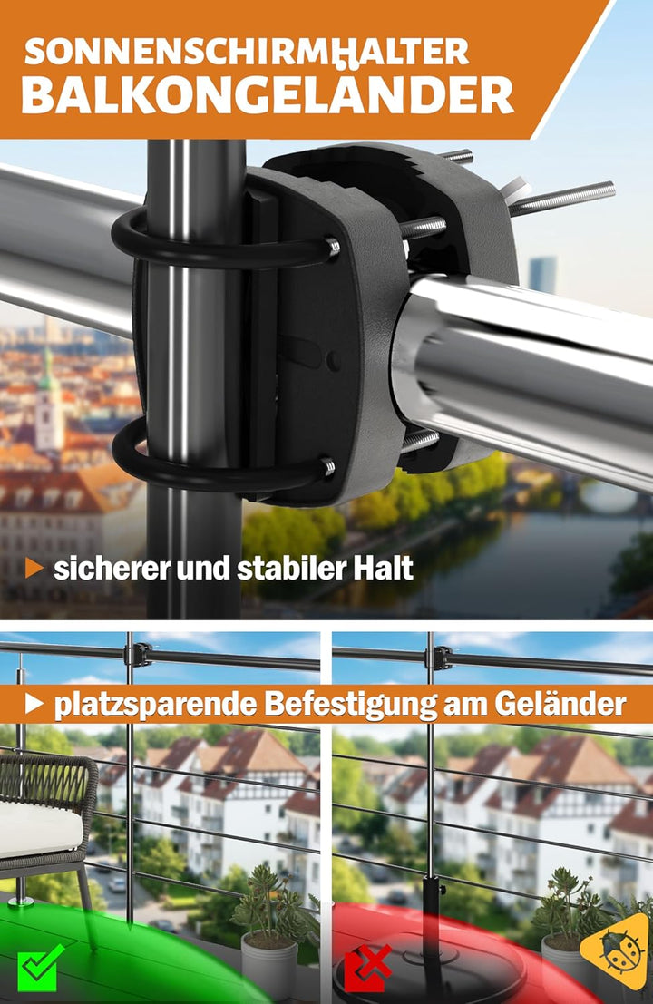 4smile Sonnenschirm Balkon 3-in-1 SET SunnyJoy, Blau-Weiss - UPF 50+ Sonnenschirm Ø 180 cm + Sonnens