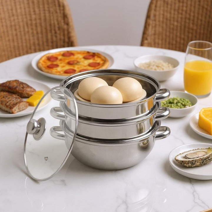 Dampfgarer 3-teilig 25cm Edelstahl, 2 Dampfeinsätze für Induktion | 25cm, 3-teilig, Edelstahl, 2 Dam