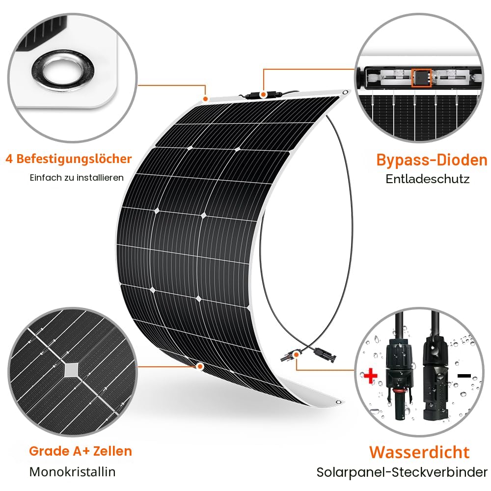 DOKIO 400W Solarpanel Flexibel 4 * 100W Monokristalline Solarmodule ideal für Wohnmobil, Camping, Ga