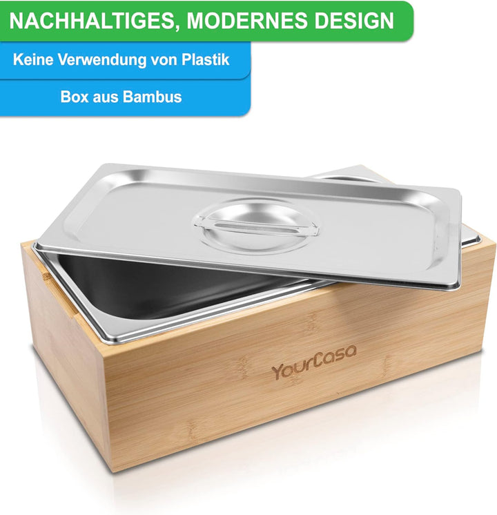 YourCasa® Biomülleimer Küche - Bambus Holz & Edelstahl - für alltäglichen Bio Müll - Spülmaschinenfe