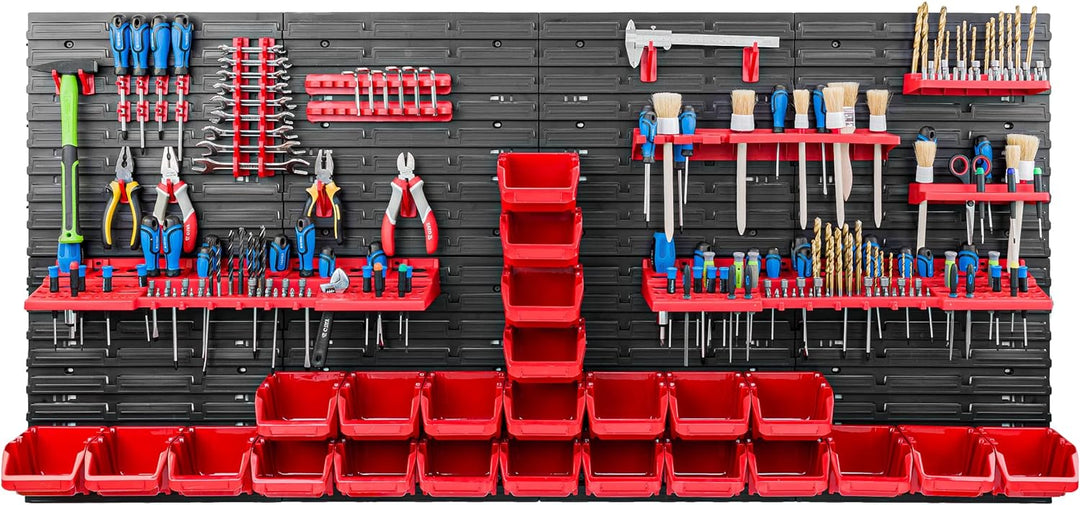 Lagersystem Werkstattregal | 156 x 78 cm | 24 stck. Box | Wandregal mit Werkzeughalterungen und Stap