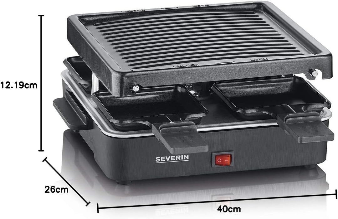 SEVERIN Mini Raclette-Grill, kleines Raclette mit antihaftbeschichteter Grillplatte und 4 Raclette P