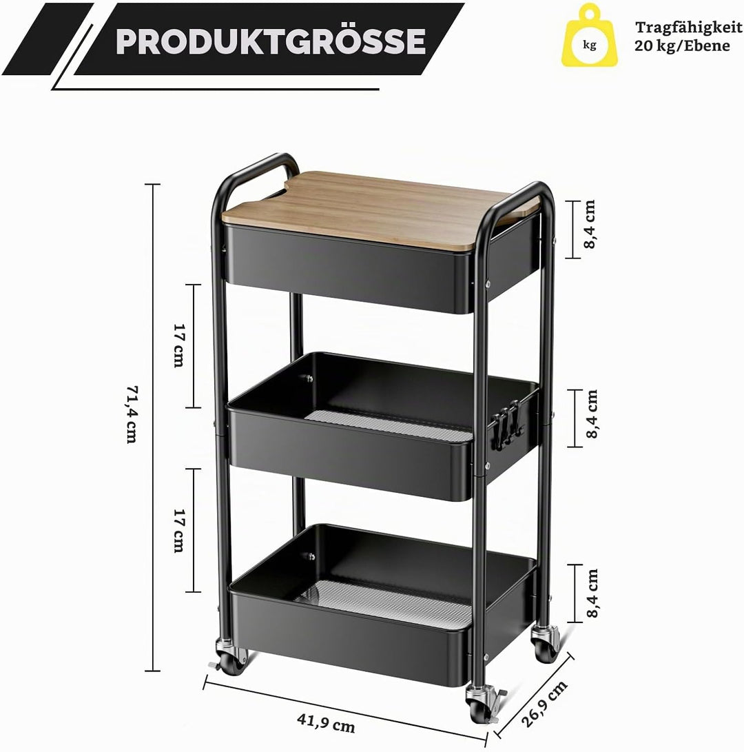 Shrivee 3-Tier Rollwagen mit Tischplatte, Servierwagen, rollender Allzweckwagen aus Metall, Regal au