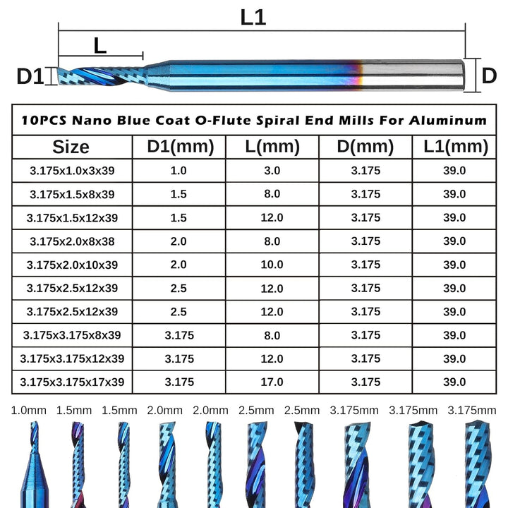 Genmitsu 1/8 Zoll Schaft 10pcs Carbide Spiral O Flute (Single Flute) End Mill CNC Router Bits, 91,5