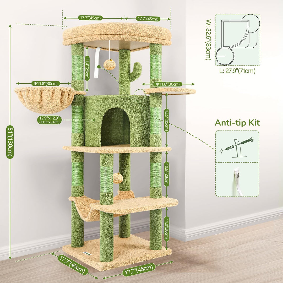 Globlazer Kratzbaum Ecke Kaktus Grün, Eckkratzbaum Stabil hoch 130 cm mit Gross Katzenhaus Sektor Ge