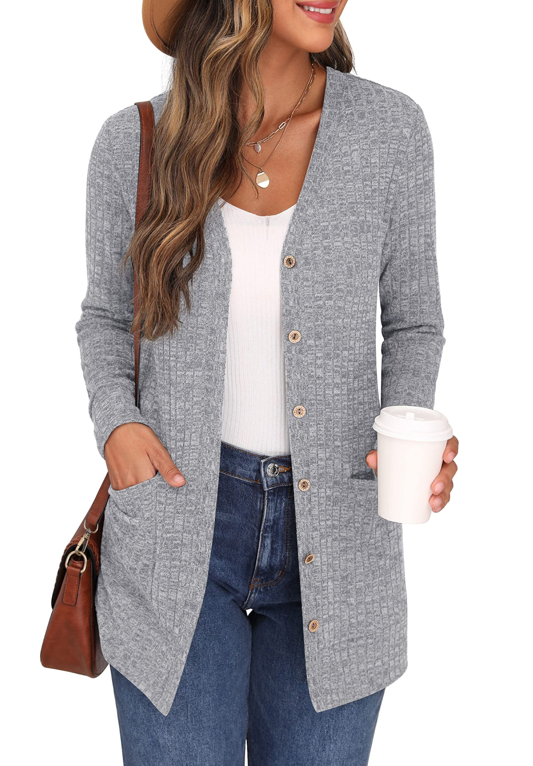 GRECERELLE Damen Leichte Strickjacke Lang mit Taschen und Knöpfen Long Elegant Cardigan V-Ausschnitt