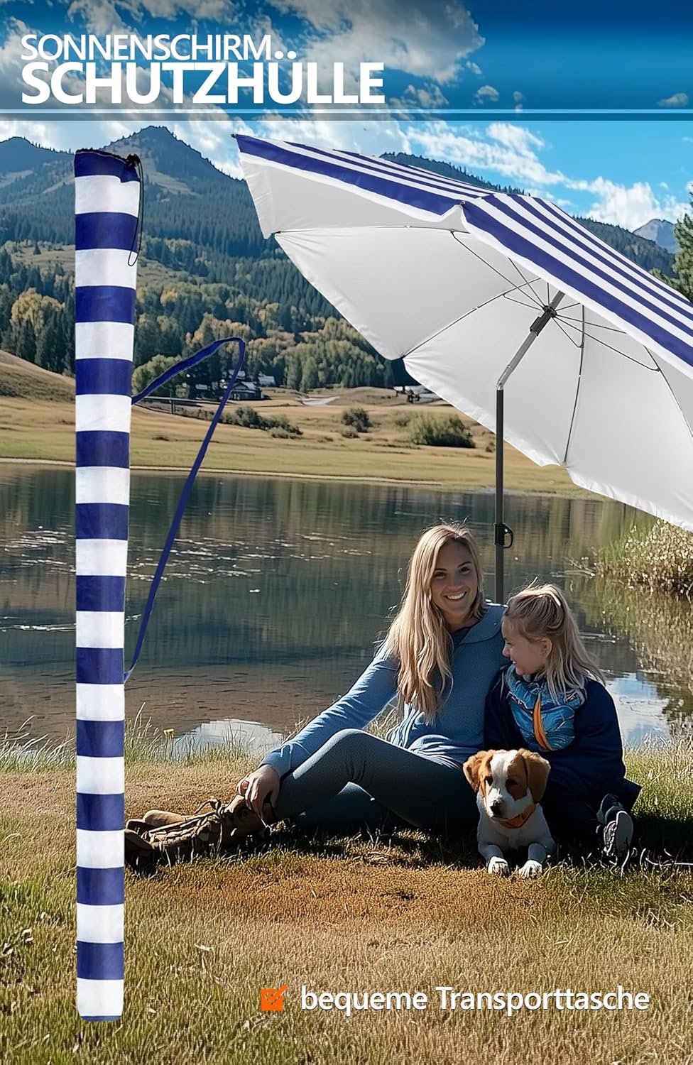 4smile Sonnenschirm Strand SunnyJoy Ø 180 cm, 3-IN-1 Set - UPF 50+ Strandschirm + Sonnenschirm Schut