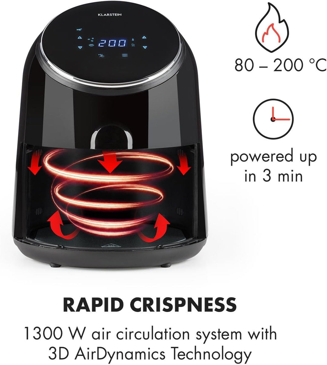 Klarstein AirVital - Heissluftfritteuse, Fritteuse, AirFryer, 1300 W, 2,5 L Füllmenge, fett-frei Fri