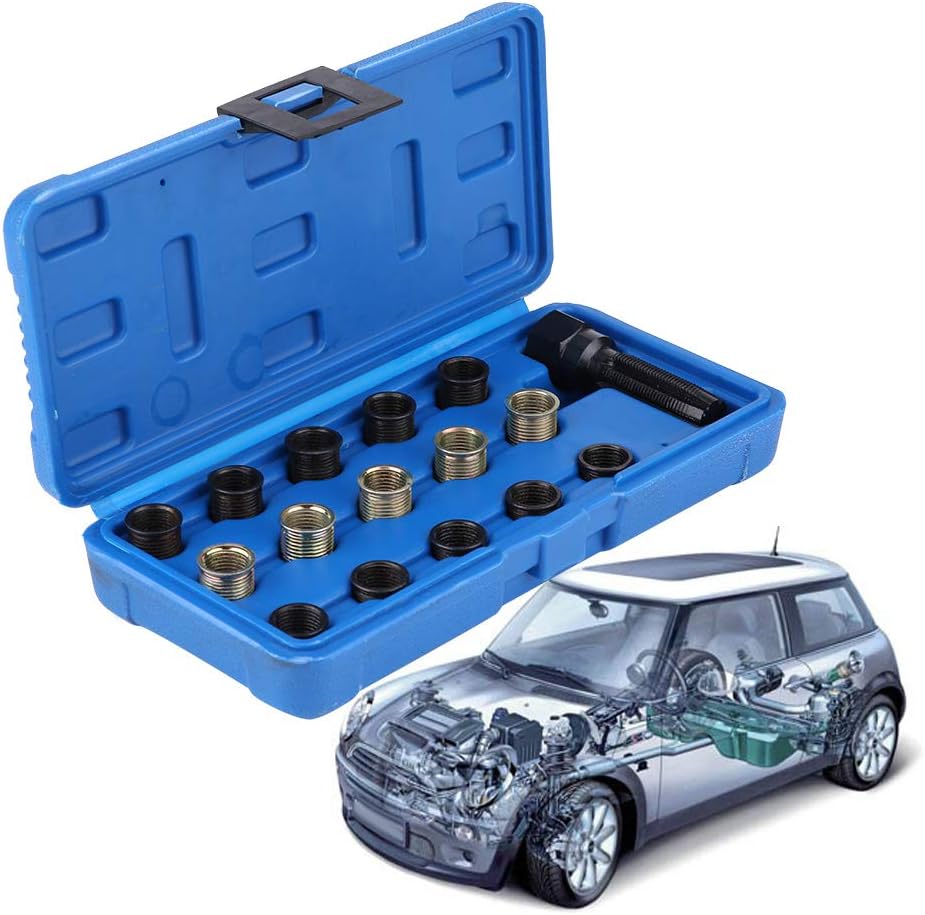 Reminnbor 16 Stück 14 mm x 1,25 M16 Zündkerzengewindereparaturwerkzeugsatz mit tragbarem Koffer