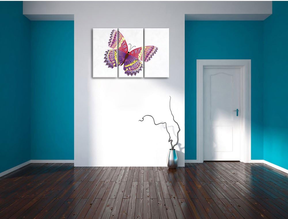 Pixxprint Hübscher Pinker Schmetterling weiss 3-Teiler Leinwandbild 120x80 Bild auf Leinwand