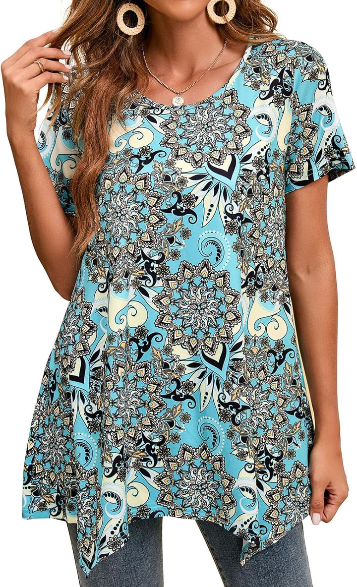 Enmain Damen Tunika Shirt Langarm/Kurzarm Bluse Tunika Blumen Longshirt Casual Elegante 3/4 Ärmel Ru