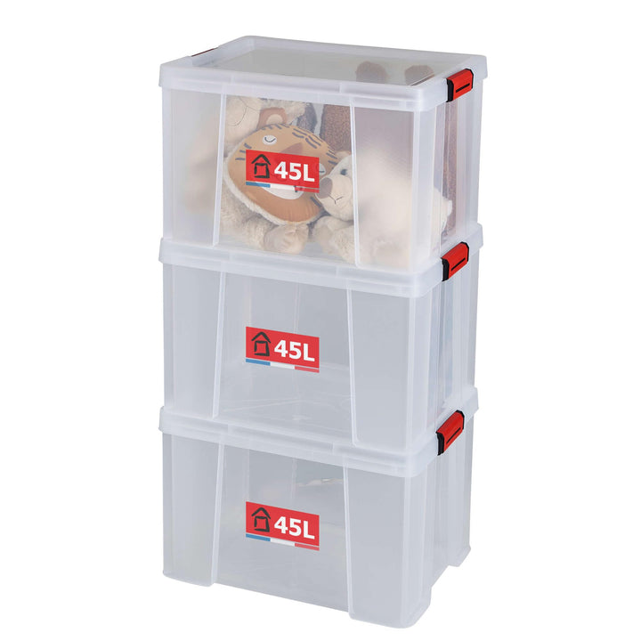 SUNDIS Clip'N Store, 3er-set Aufbewahrungsboxen 45l mit Schnappdeckel, transparentem Kunststoff, ver
