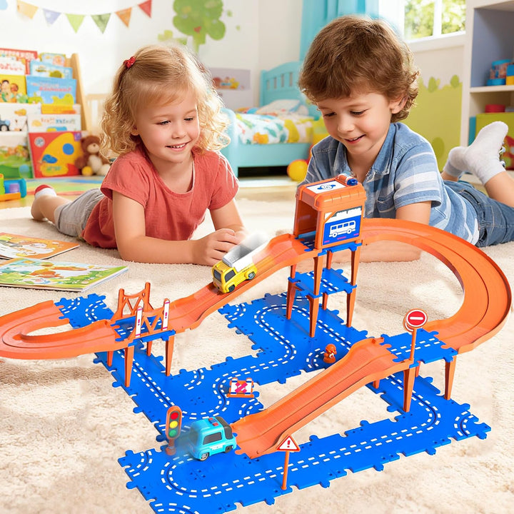 Doloowee DIY-Autorennbahn für Kinder, Spielzeug für 3 4 5 Jahre Jungen, Puzzle-Rennstrecken-Set mit