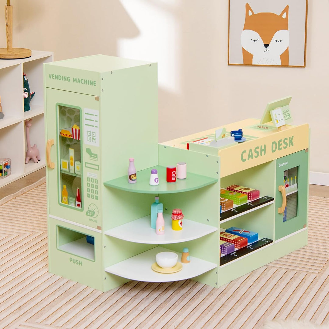 COSTWAY Kinder Kaufladen, Kaufmannsladen aus Holz mit Seitentheke, Supermarkt-Set mit Kasse, POS-Mas