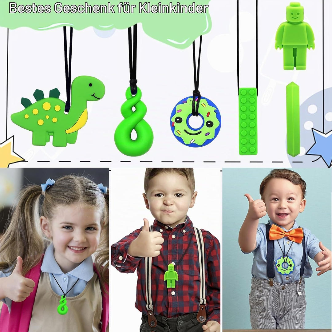 Kaukette für Kinder, 6 Stück Sensory Kauen Halskette, Silikon Beissring für Baby, Autismus Spielzeug