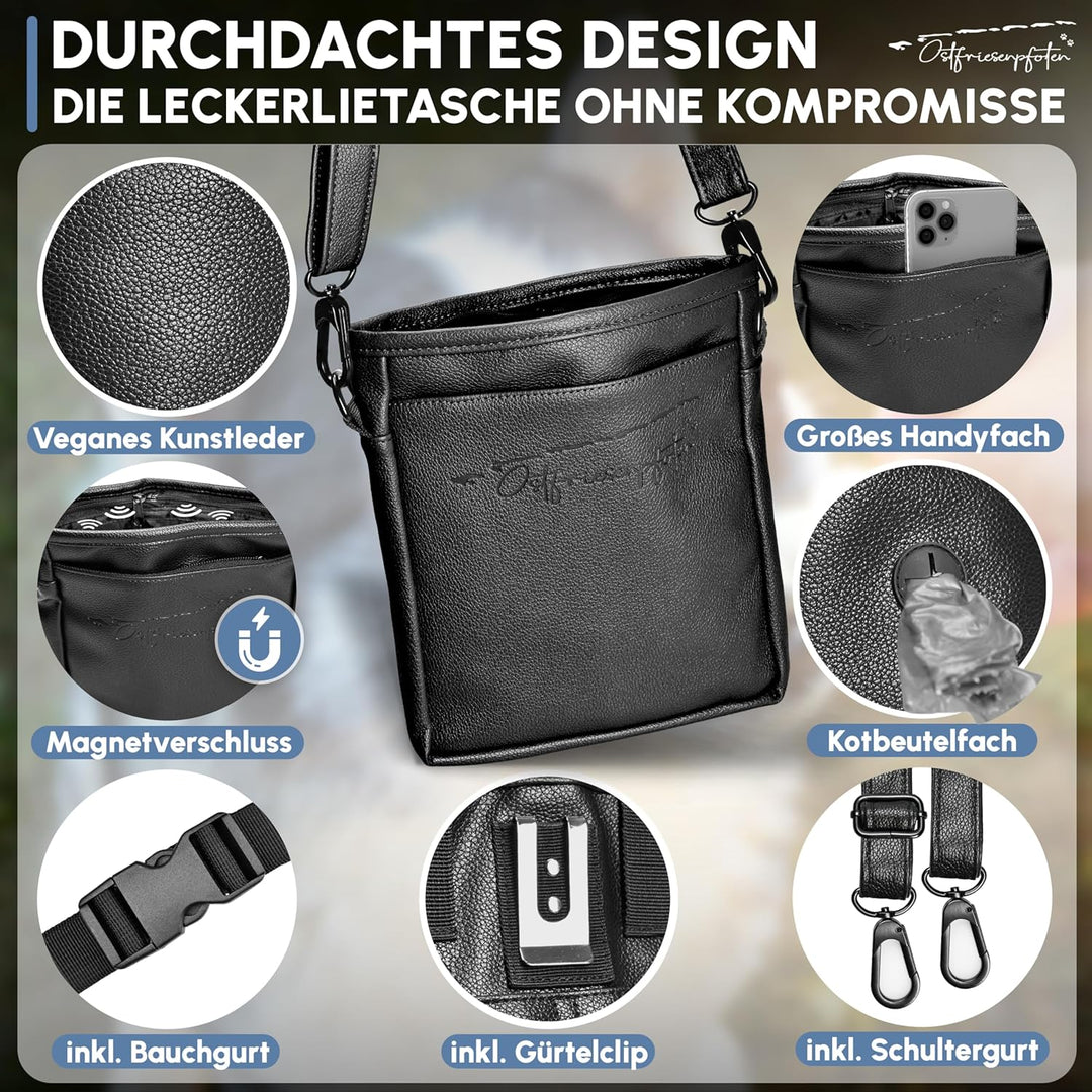 Ostfriesenpfoten® Leckerlibeutel 'Frieda' für Hunde aus hochwertigem Kunstleder - Schwarz Grösse M -