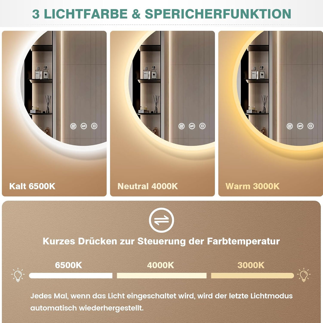 Runder Spiegel mit Beleuchtung, Badspiegel mit Beleuchtung Rund 70cm mit 3 Lichtfarben Dimmbar, Anti