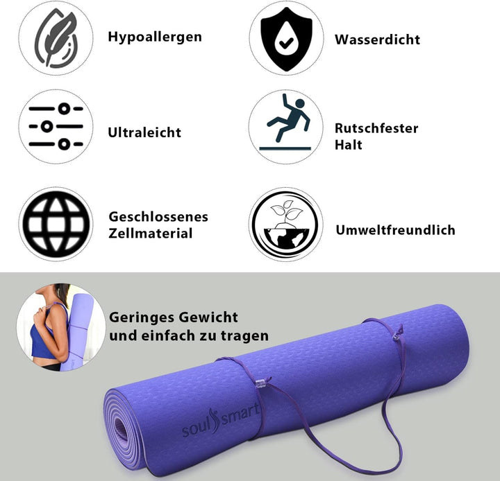SHOP LC Yogamatte rutschfest Trainingsmatte für Fitness, Pilates &amp; leichte Reisematte für zu Hause o