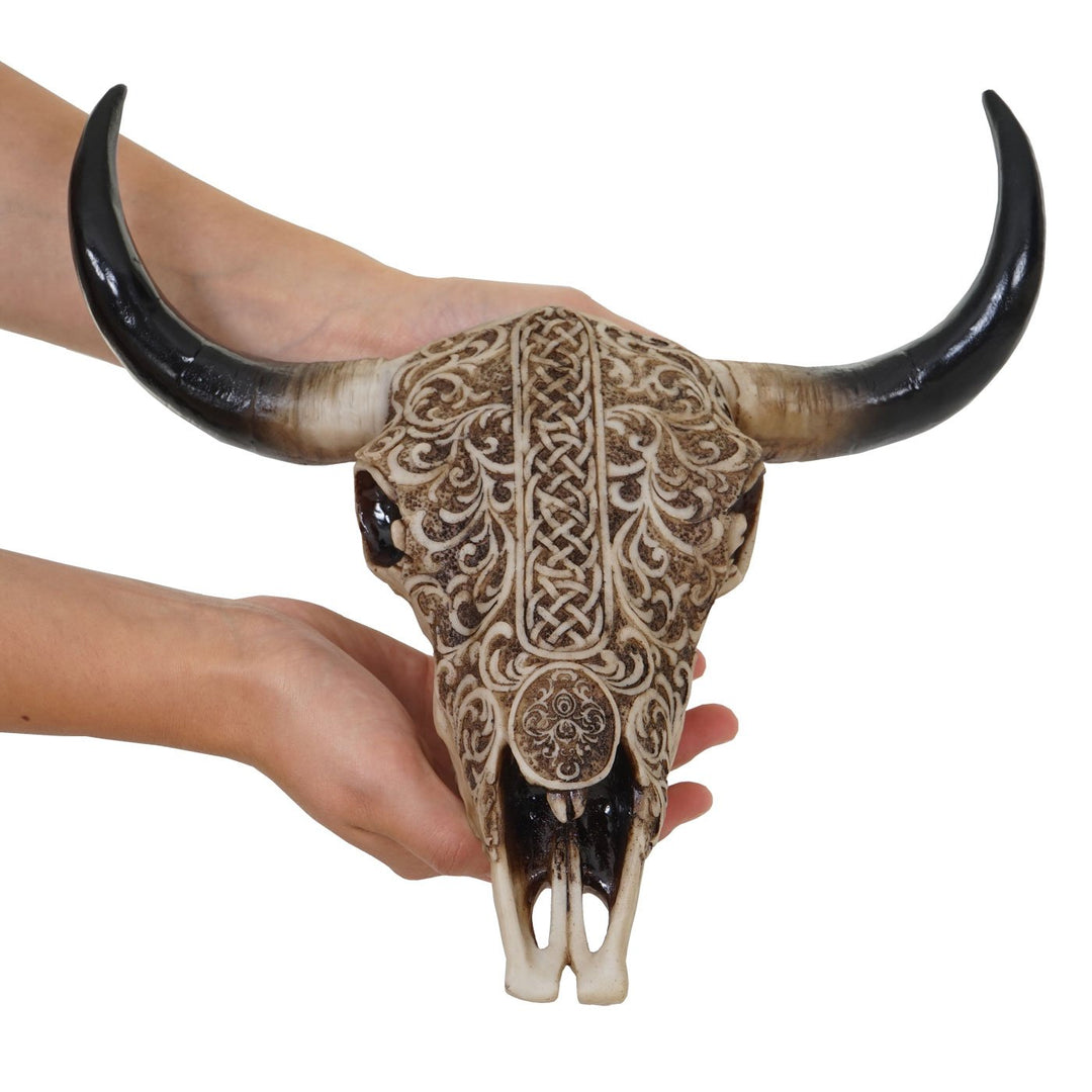 Mendler Deko Schädel 31cm HWC-C15, Polyresin Stier Bulle Longhorn Kopf Trophäe mit Tribal, In-/Outdo