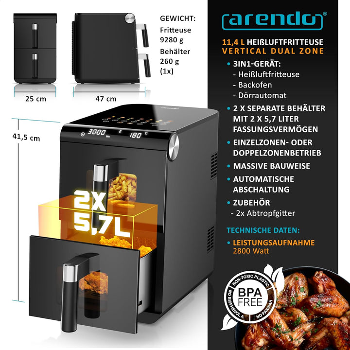Arendo - Heissluftfritteuse XXL Dual Zone 2 Kammern – 11,4L Kapazität – 2 Zonen – Airfryer Doppelkam
